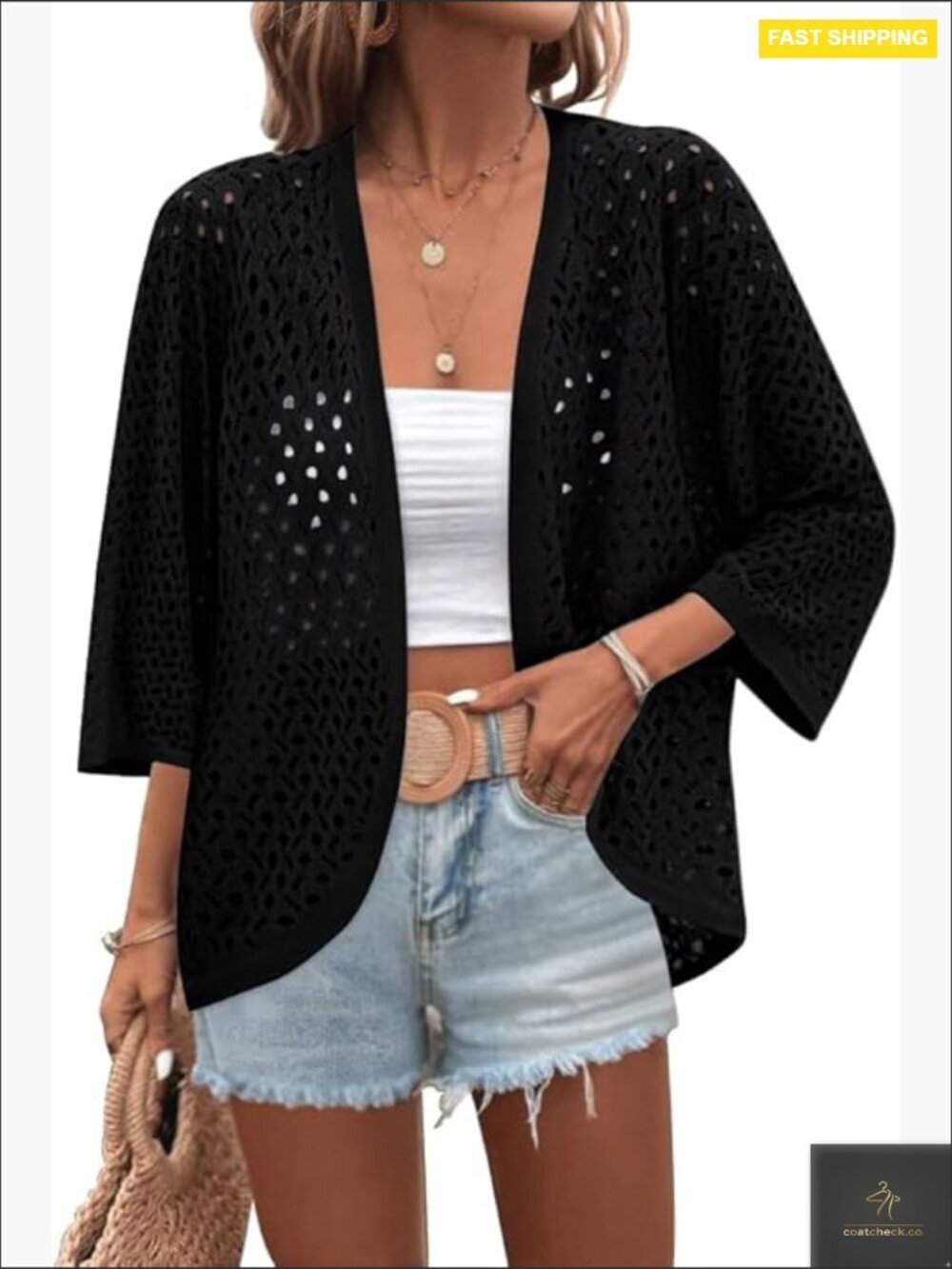 Crochet Cardigan Sweater Lightweight Open Front Batwing Kimono Boho Knit Cover